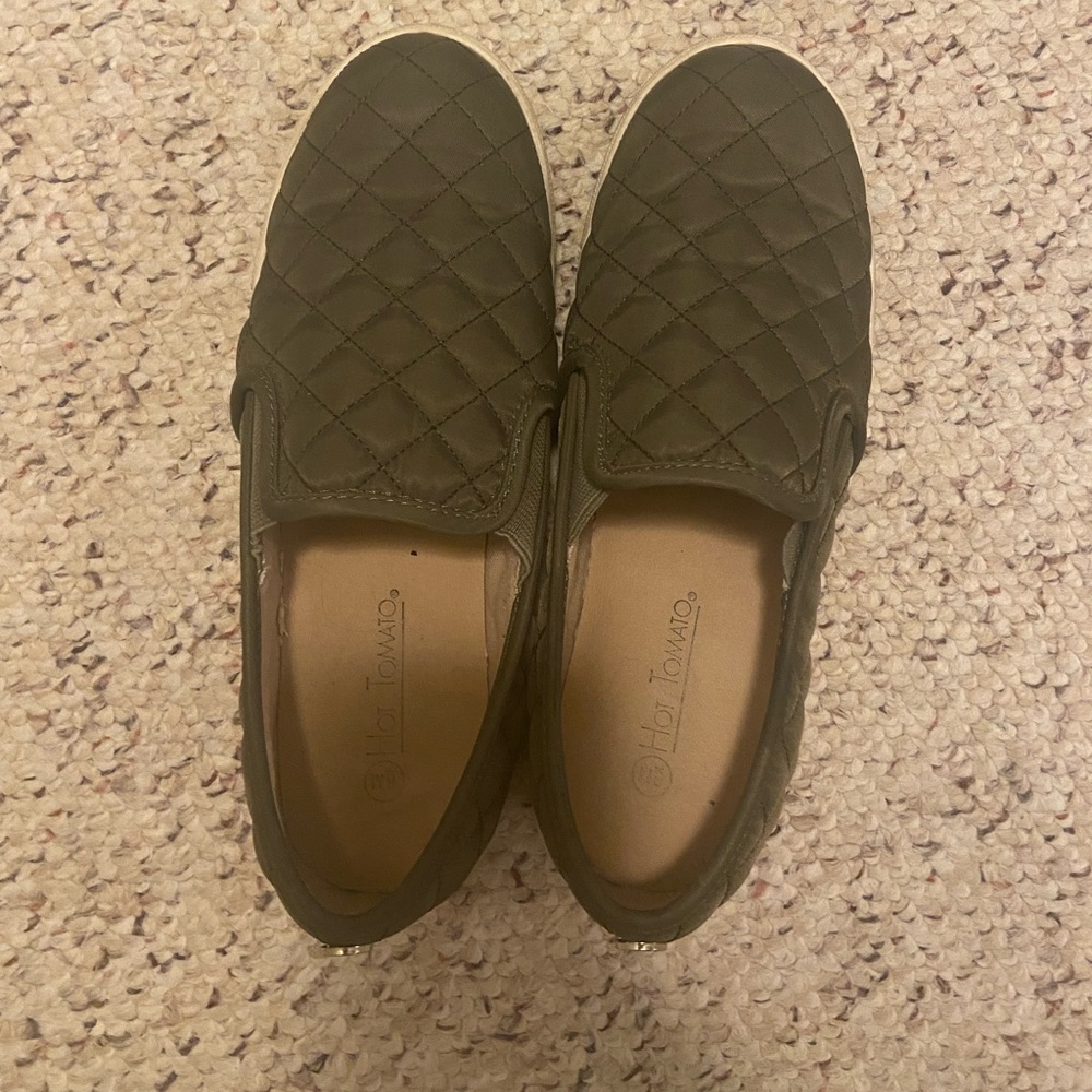 Olive green slip on sneakers